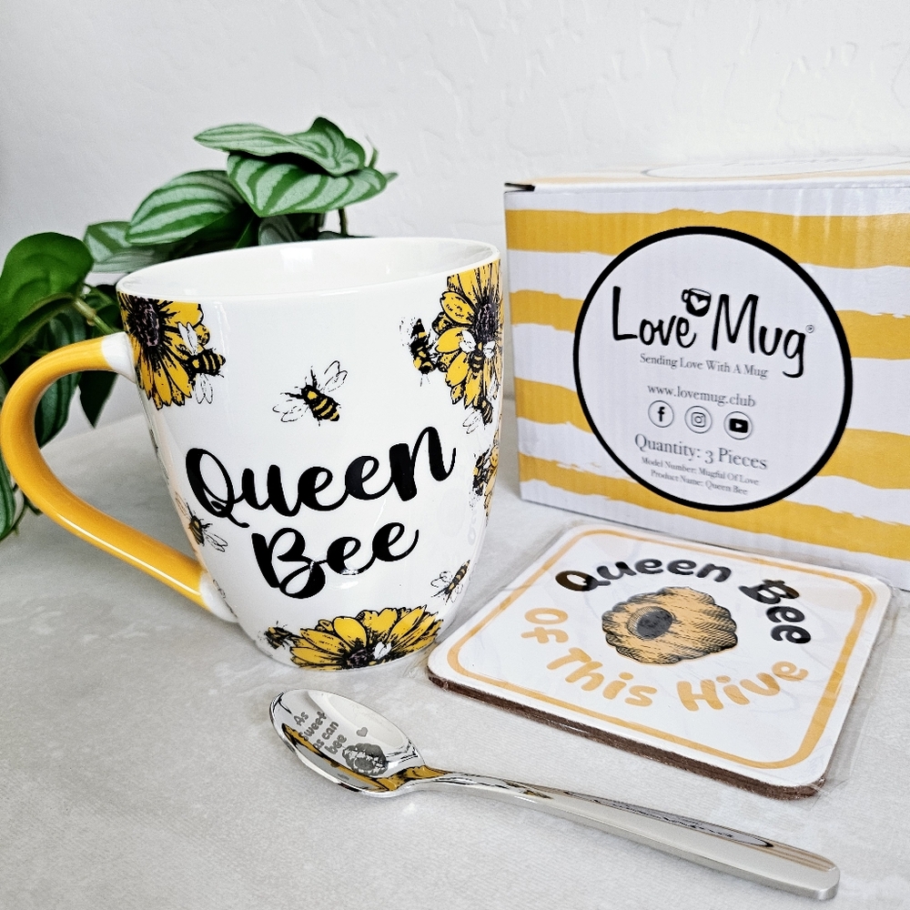🆕️Love Mug Queen Bee 3 Pcs Set Silver Spoon & Coaster